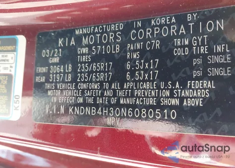 2022 Kia Carnival Mpv Lx Seat Package из США, поврежденный, VIN KNDNB4H30N6080510